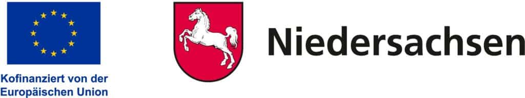 Logos der Europäischen Union und Niedersachsens mit den Texten „Kofinanziert von der Europäischen Union“ und „Niedersachsen“, die auf Weiterbildungsangebote bei erneuerbaren Energien hinweisen.