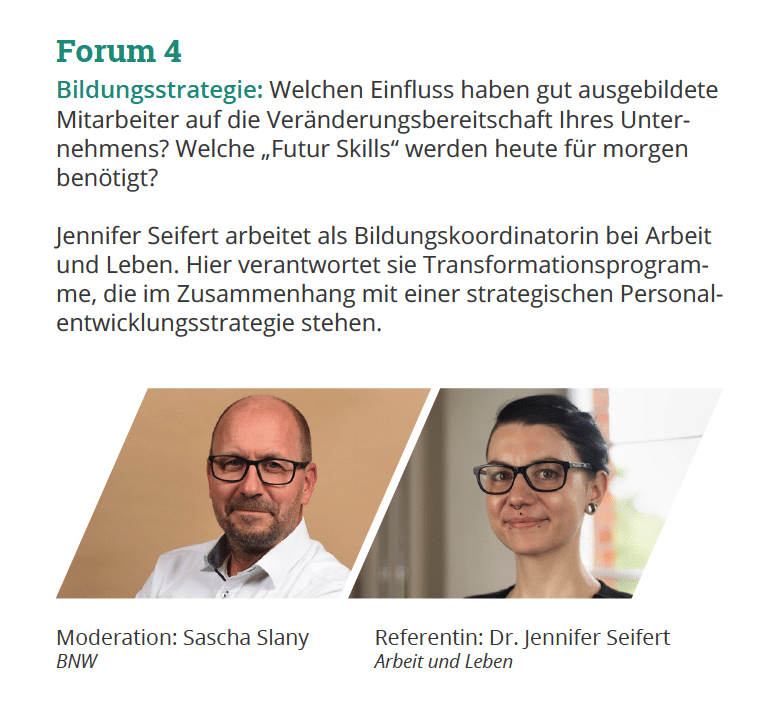 Veranstaltungsplakat mit den Rednern Sascha Slany und Dr. Jennifer Seifert, die die Auswirkungen von Mitarbeiterschulungen und effektivem Zeitmanagement diskutieren.